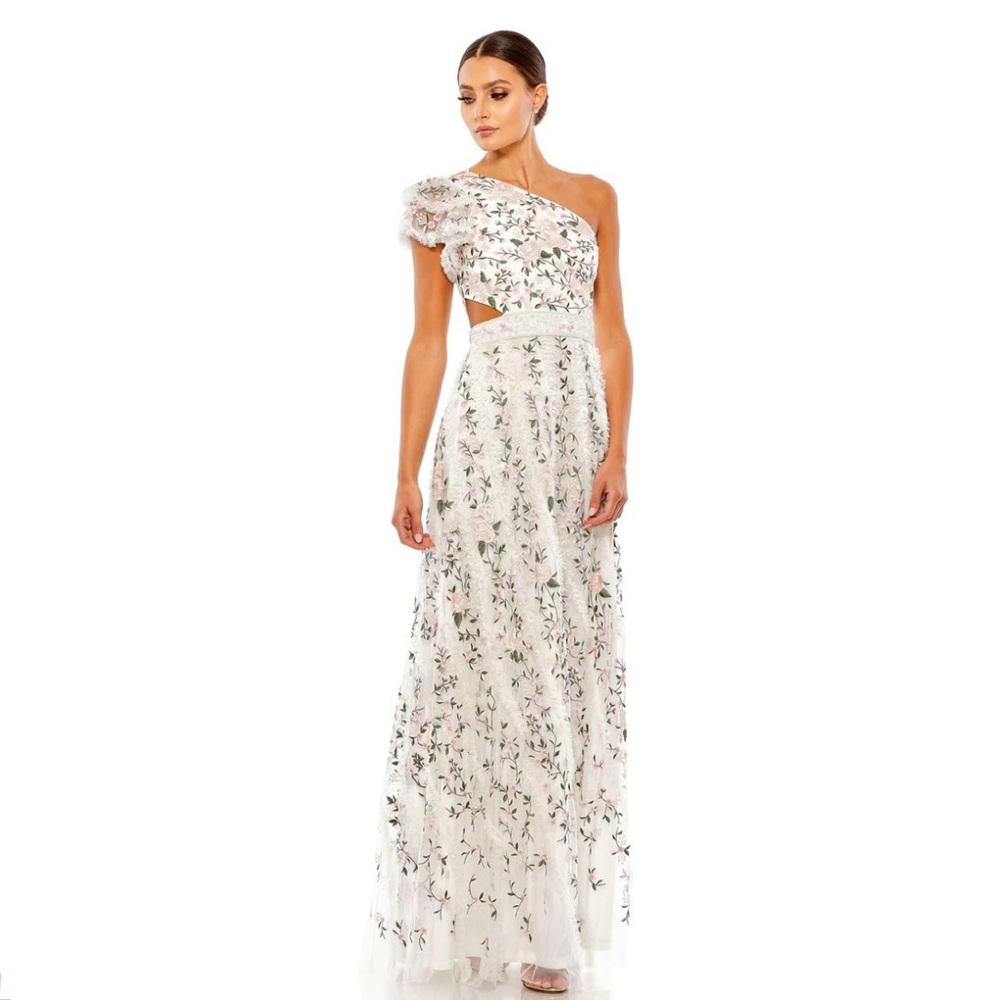 Mac Duggal Embroidered Ruffled Floral One Shoulder Lace Up Gown, Size 8 Dress